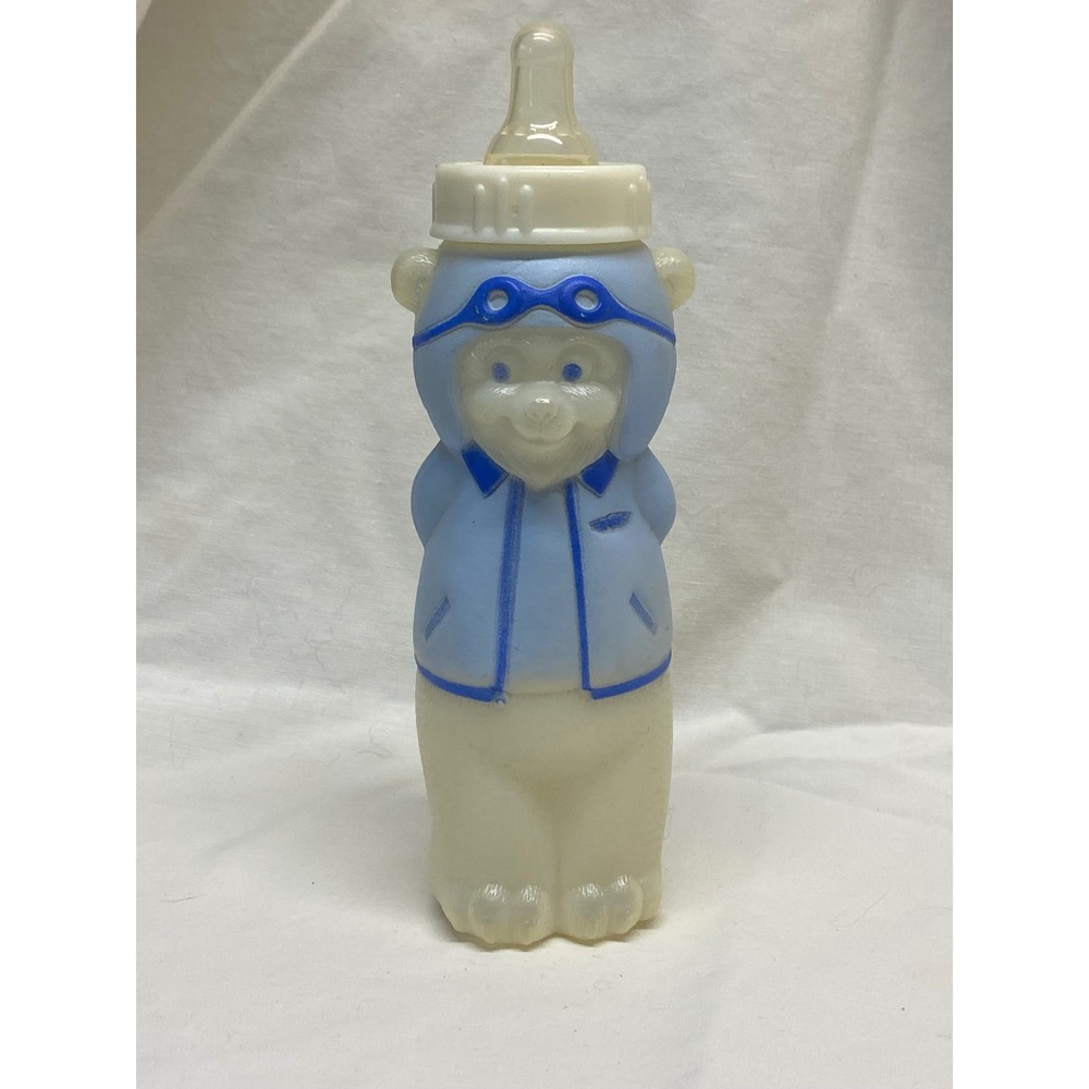Vintage Evenflo Bear Pilot Baby Bottle Blue White Figural Collectible 6.5"